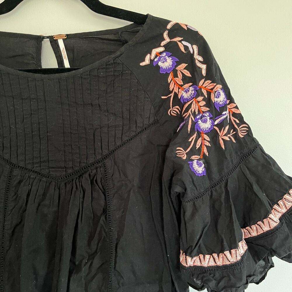 Free People Women's Black Cotton Embroidered Bell Sleeve Mini Dress Size S - Picture 2 of 4